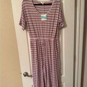 Umgee Red, White, Gray, and Black Striped Maxi Jumpsuit- Size L